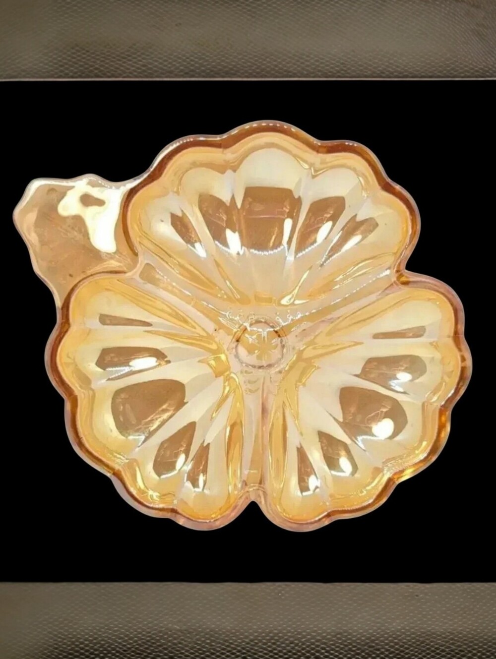 Vintage Jeannette Marigold Carnival Glass Three Leaf Clover Dish